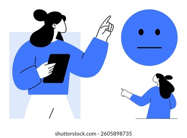 A person holding a tablet and making a pointing gesture, with a blue neutral face emotion in the background. Ideal for education, communication, instructions, technology, digital learning. Minimalist
