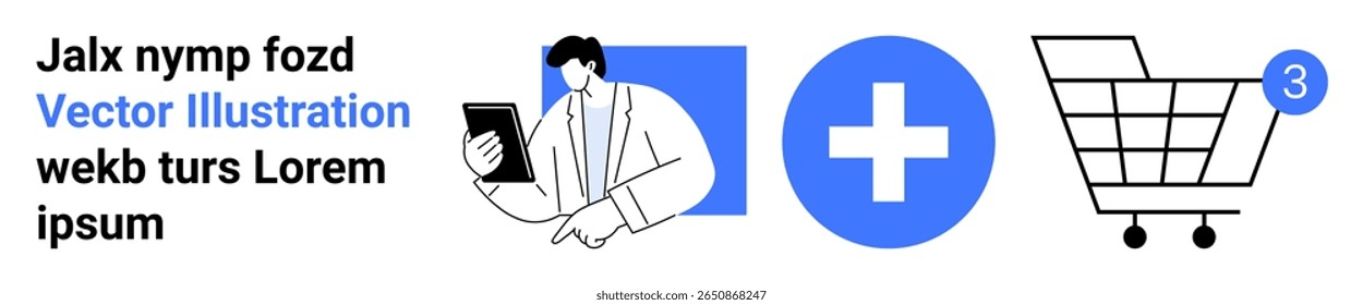 Person holding tablet, medical cross sign, shopping cart with notification bubble, and placeholder text. Ideal for e-commerce, telemedicine, shopping apps, online consultation, healthcare services