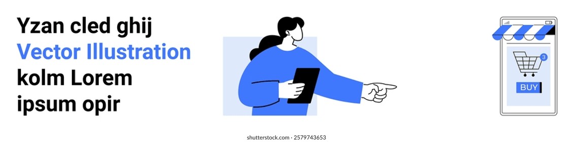 Person holding a tablet and pointing at a mobile storefront with a shopping cart. Ideal for online shopping, e-commerce, mobile apps, digital transactions, and retail. Banner for landing page