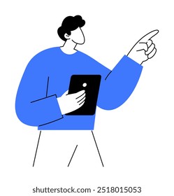 A person holding a tablet and pointing upward, depicted in a simplistic, modern art style. Ideal for tech, education, presentations, tutorials, and business themes.