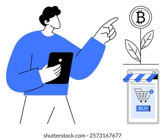 A person holding a tablet points to a plant with a Bitcoin symbol. Next to them is an online shopping cart with a Buy button. Ideal for financial technology, cryptocurrency, e-commerce, investment