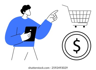 A person holding a tablet points to a shopping cart and a dollar symbol. Ideal for e-commerce, online shopping, digital marketing, financial transactions, and economic concepts. Line art style