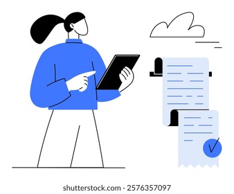 Person holding a tablet and reviewing lengthy checklists with verification icons. Simplistic and modern design in blue tones. Ideal for productivity applications, task management, quality assurance