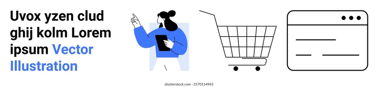 Person holding a tablet, a shopping cart, and a web interface. Ideal for e-commerce, online shopping, digital marketing, web design, and technology-focused content. Banner for landing page