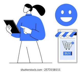 Person holding a tablet, smiling face icon, and a shopping cart on a digital storefront with a buy button. Ideal for e-commerce, digital retail, user experience, online shopping, mobile apps. Simple