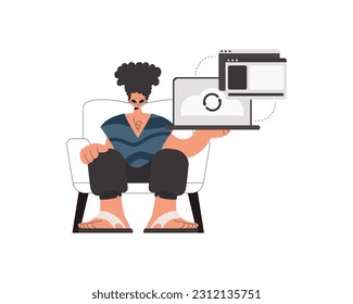 The person is holding a tablet in which information is being synchronized. Compelled. Trendy style, Vector Illustration