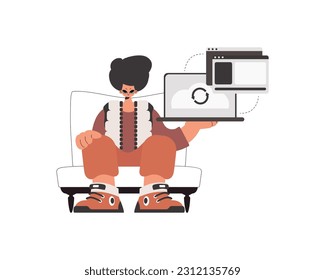 La persona tiene una tableta en la que se está sincronizando la información. Conmovido. Estilo de moda, Ilustración vectorial