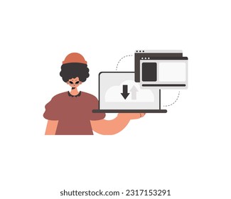 La persona tiene una tableta en la que se está sincronizando la información. Limitada. Estilo de moda, Ilustración vectorial