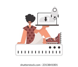 Die Person hält eine Tablette, die mit der Informationskapazität synchronisiert ist. Getrennt. Trendy Style, Vektorgrafik