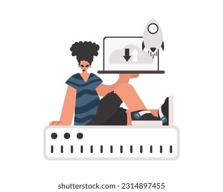 La persona tiene una tableta, que está sincronizada con la capacidad de información. Restringido. Estilo de moda, Ilustración vectorial