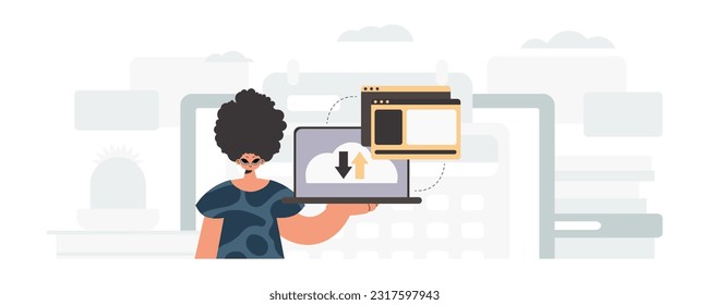 La persona tiene una tableta, que está sincronizada con la capacidad de información. Estilo de moda, Ilustración vectorial