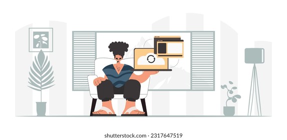 The person is holding a tablet, which is synchronized with the information capacity. Trendy style, Vector Illustration