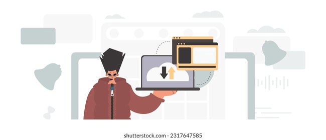 The person is holding a tablet, which is synchronized with the information capacity. Trendy style, Vector Illustration