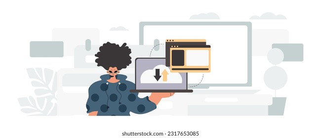 The person is holding a tablet, which is synchronized with the information capacity. Trendy style, Vector Illustration