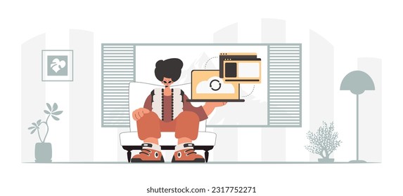 The person is holding a tablet, which is synchronized with the information capacity. Trendy style, Vector Illustration