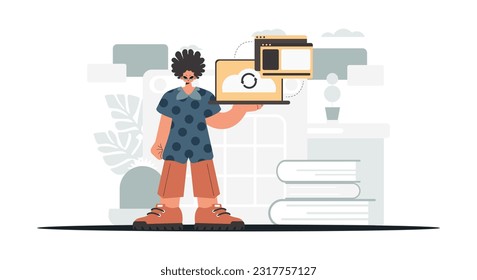 La persona tiene una tableta, que está sincronizada con la capacidad de información. Estilo de moda, Ilustración vectorial