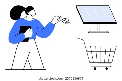 A person holding a tablet while pointing at a digital interface and a shopping cart. Ideal for e-commerce technology, digital shopping, online retail, user interface design, and consumer electronics