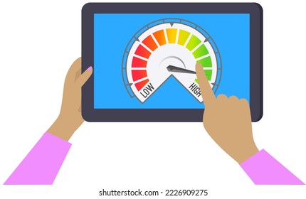 Person holding tablet working with scale from poor to excellent. Performance quality indicators, earn in internet, success. Concept of property and speed of work, detecrors of gradation of profit