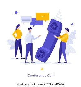 Person holding telephone handset and talking people, colleagues or teammates. Concept of conference call, remote meeting or discussion, business communication. Flat vector illustration for banner.