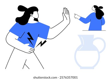 Person holding their back in pain and signaling stop gesture. Another person pointing to their right. Simple jug design. Ideal for healthcare, communication, pain, body language, design