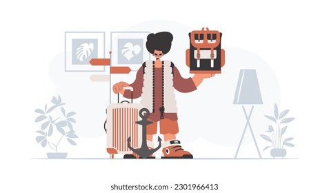 The person is holding a travel rucksack and a loot. The concept of rest and travel. Trendy style, Vector Illustration