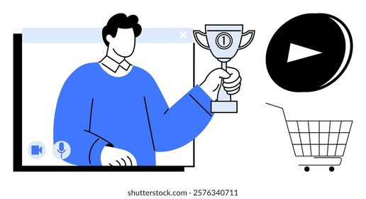 Person holding a trophy appearing in a video call, a play button, and a shopping cart. Ideal for online learning remote work virtual meetings success celebration and e-commerce. Simple clean style