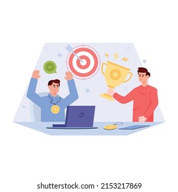 Person holding trophy cup, flat illustration of team success

