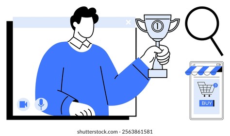 A person holding a trophy during a virtual meeting, alongside a magnifying glass and a mobile shopping app. Ideal for technology, online communication, achievements, virtual events, and e-commerce