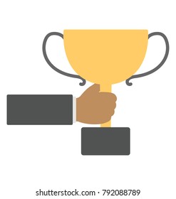 A person holding a winner’s trophy, flat icon of achievement
