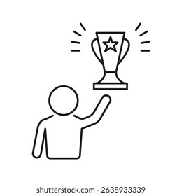 Person Holding Trophy Line Icon. Achievement, Success, And Victory Celebration Outline Symbol. Award Recognition And Accomplishment. Editable Stroke. Isolated Vector Illustration.