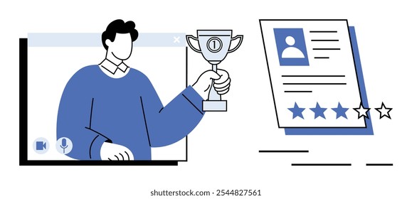 Persona que sostiene un trofeo en una pantalla de computadora junto a una reseña de perfil con una calificación de estrella. Ideal para premios en línea, eventos virtuales, reconocimiento de empleados, perfiles en línea y revisiones de rendimiento