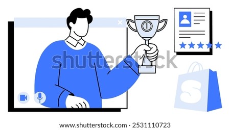 Person holding a trophy stands in front of a digital window with icons, a profile with a star rating, and a shopping bag. Ideal for achievement, ecommerce, online reviews, virtual meetings, rewards