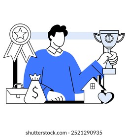 Person holding a trophy with symbols like a ribbon, money bag, house, heart, and briefcase. Ideal for success, achievement, motivation, goals, financial growth. Minimalist modern style