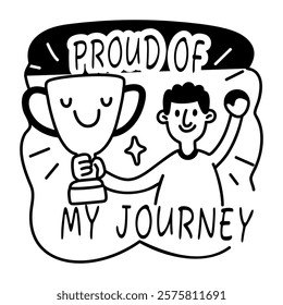 Person holding trophy with text proud of my journey, self pride concept glyph sticker 