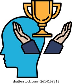 A person holding a trophy in their hands. The trophy is golden and has a blue base. The person is holding the trophy with their hands, and the image conveys a sense of accomplishment and success