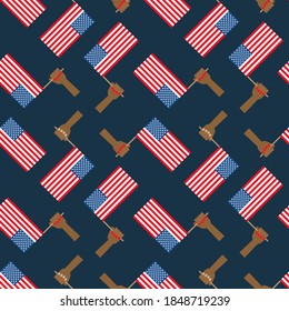 Person holding USA flag in hand vector seamless pattern background.