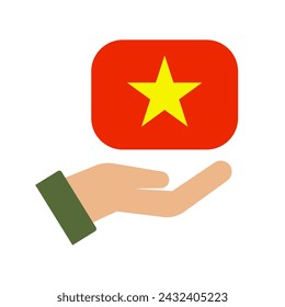 Person holding Vietnam flag icon. Vector.