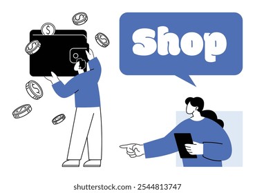 Person holding a wallet with floating coins. Another person points towards a speech bubble reading Shop. Ideal for e-commerce, online shopping, retail, finance, digital marketing, minimalist vector