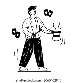 Person holding a wand and hat, concept of magician hand drawn illustration