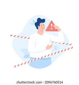 Person holding warning sign surrounded by striped barricade tape. Concept of restricted or prohibited area, caution notification, service unavailable. Modern flat vector illustration for banner.