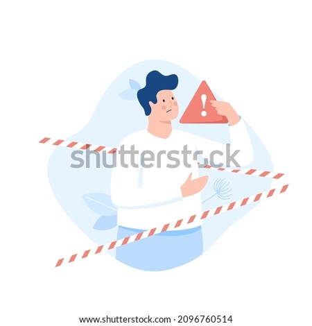 Person holding warning sign surrounded by striped barricade tape. Concept of restricted or prohibited area, caution notification, service unavailable. Modern flat vector illustration for banner. Foto stock © 