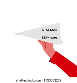 Person holding white printer paper with sentence STAY HOME STAY SAFE. Vector illustration. Flat style