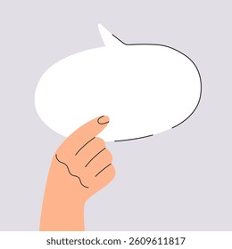 Person holding white speech bubble in hand with space for copy, human sharing opinion, idea or information, modern doodle element for web design, trendy vector illustration isolated on background