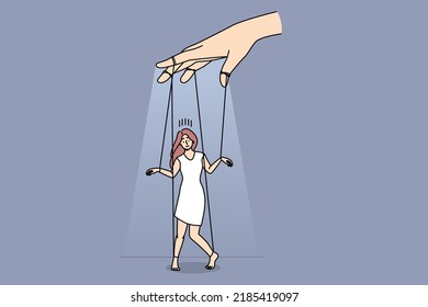 Person holding woman as puppet doll on ropes. Puppeteer control manipulate female character. Manipulation and marionette. Vector illustration. 