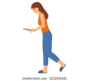 Person holding wooden frame in hands. Woman hanging picture on wall. Moving things in new house. Female character holding frame standing isolated on white background. Decor on wall, designing room
