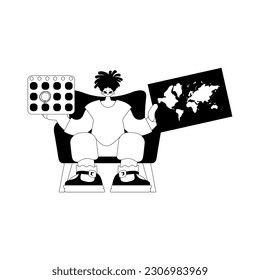 The person is holding a world chart and a calendar. Tourism subject. Dim and white line craftsmanship. Trendy style, Vector Illustration