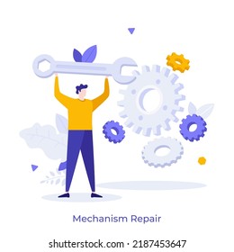 Person holding wrench and gearwheels. Concept of mechanical repair, technical service, maintenance work, professional support, help or assistance. Modern flat vector illustration for poster, banner.