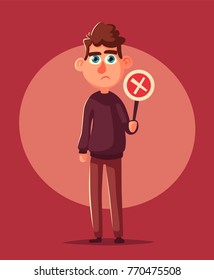 Person holding wrong sign. Cartoon vector illustration