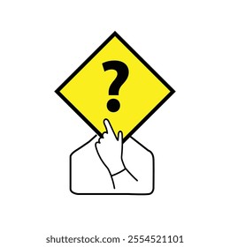 Person holding a yellow diamond shape with question mark on his face