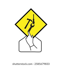 Person holding a yellow diamond shape with working tools on it